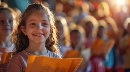A vibrant image of students receiving awards for their performances in a school play, with a clean background and ample copy space for award details.