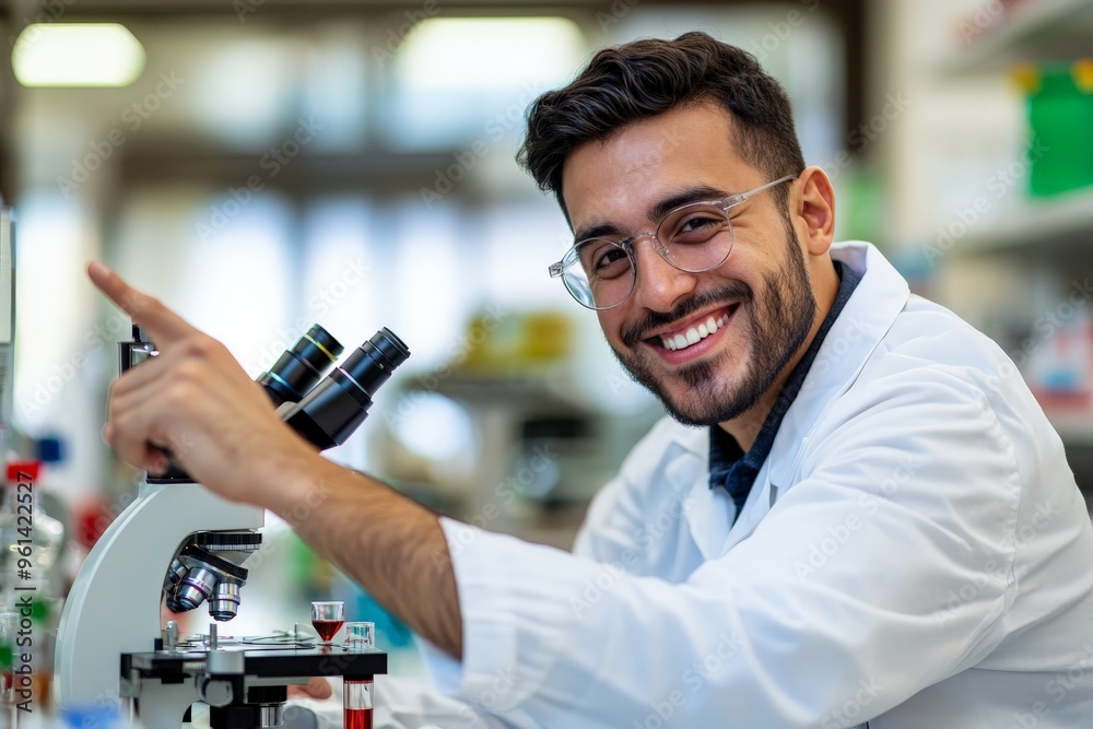 Aufkleber A joyful scientist wearing a lab coat and glasses points towards something while smiling in a laboratory environment, reflecting enthusiasm and scientific curiosity.