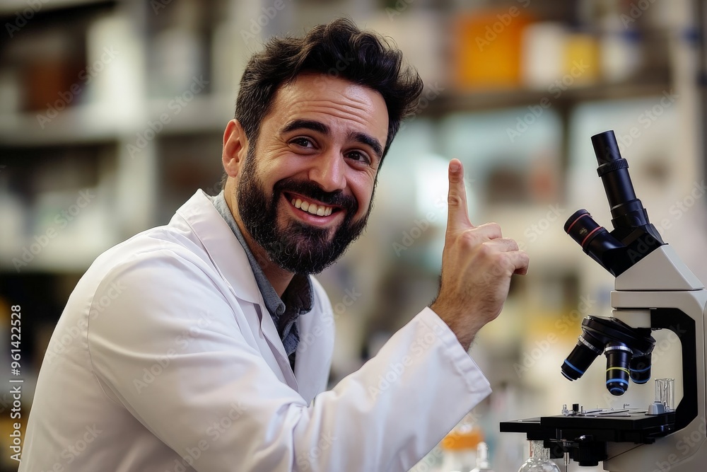 Poster Smiling researcher in a lab coat pointing towards the camera while sitting by a microscope in a lab, displaying excitement and commitment to scientific research.