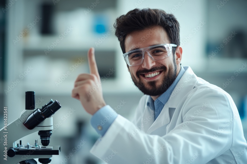 Leinwandbilder A beaming scientist in safety goggles and lab coat points upward, with a microscope and lab tools visible, showcasing a dynamic and enthusiastic laboratory setting.
