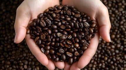 hands presenting a heap of dark roasted coffee beans, Generative AI