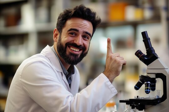 Smiling researcher in a lab coat pointing towards the camera while sitting by a microscope in a lab, displaying excitement and commitment to scientific research.
