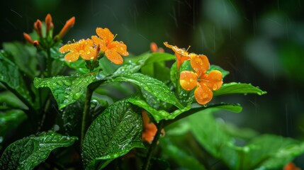  A lush green plant topped with an orange bloom cluster, dripping in rainwater