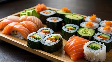 Assortment of Sushi Rolls with Salmon, Cucumber, and Avocado