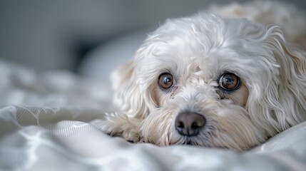  A tight shot of a white dog reclining on a bed, its paw touching a white comforter
