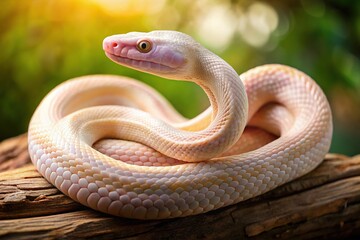 Fototapeta premium A rare and striking albino snake's pale pinkish-white scales glisten in warm light, its gentle curves and patterns exuding serenity and mystery.