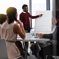 Collaboration, presentation and team director planning project with whiteboard, discussion or ideas. Boardroom, diversity and business people for erp, workshop and meeting conversation in office