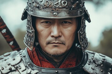 A samurai in traditional armor and helmet, staring intensely forward, representing honor, discipline, and focus, with an evocative expression of readiness for combat.