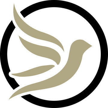 a flying bird in gold with a black circle logo