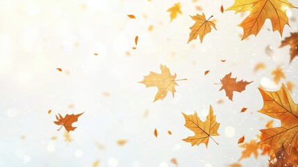Autumn Leaves Falling on White Background with Bokeh Lights