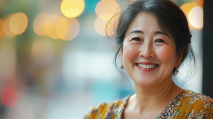 Obraz premium A smiling woman in an urban setting with a blurred background of warm, glowing lights, capturing a moment of happiness, warmth, and the vibrant energy of city life.