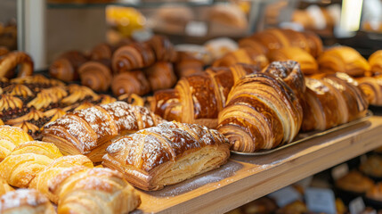 Freshly baked pastries displayed in a local bakery with a variety of croissants and sweets highlighted in the morning light
