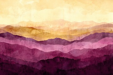 Vibrant landscape of purple mountain ranges with warm sunset sky