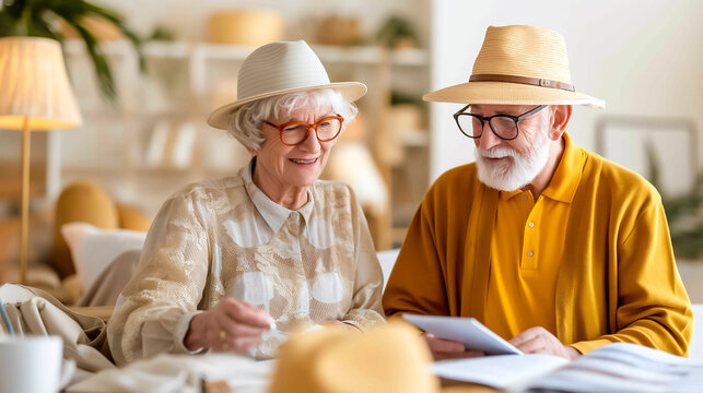 An elderly couple joyfully discusses their upcoming travel plans over coffee in a trendy café, surrounded by bright decor and warm sunlight streaming through the windows - Powered by Adobe