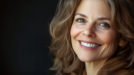A woman with shoulder-length hair smiles warmly in a dimly lit environment, exuding a sense of contentment and inner peace.