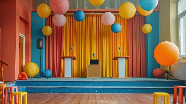 A detailed view of a school assembly stage setup, with podiums, microphones, and decorations, featuring a clean background and lots of copy space for stage details.