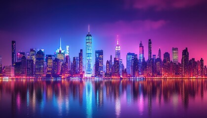 Fototapeta premium Vibrant New York City skyline at night, reflected in the calm water
