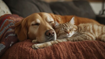 A dog and a cat cuddled up together, showing the unlikely friendship between different species, set in a cozy home.