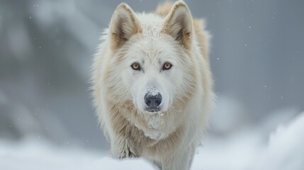 Fototapeta premium A tight shot of a white pooch with snowflakes dotted on its visage against a softly blurred backdrop