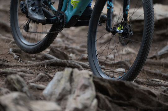Downhill bike wheels at the Pal Arinsal bike park in Andorra in 2024.