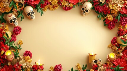 Day of the Dead Floral Border with Skulls and Candles.