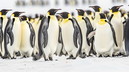  A cluster of penguins huddled together atop a snow-laden ground, facing a building