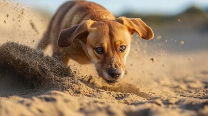 A dog digging in the sand at a beach, with sand flying around and a focused expression, enjoying its playful nature.