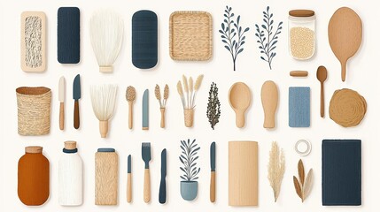 Flat Lay Kitchen Utensils and Decor with Natural Elements