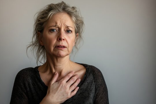 A woman with gray hair looking extremely anxious, holding her chest with one hand while her face shows concern and distress. The background is neutral.