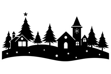 Obraz premium Christmas scene vector silhouette, christmas village clipart, merry christmas, christmas tree 