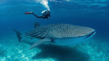 Fototapeta premium A diver swimming alongside a gentle whale shark, capturing the scale and majesty of the largest fish in the ocean.