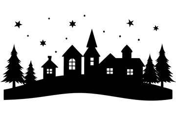 Christmas Scene Silhouette vector, Christmas Village Vector Illustration