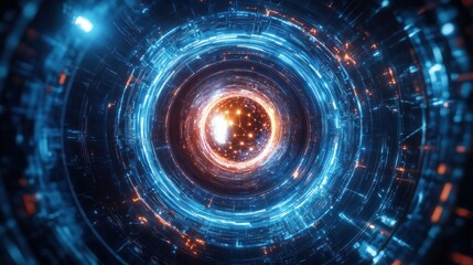 Abstract digital tunnel with glowing blue and orange lights.