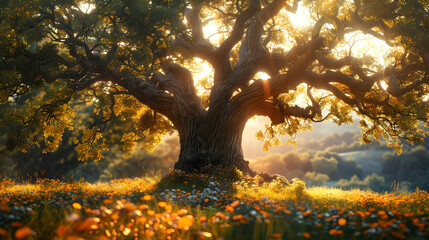 Golden Hour Sunlight Through Tree Branches Illustration