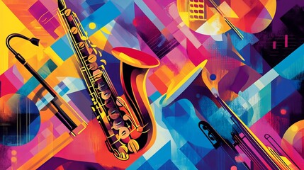 Jazz Music Concept. Concert Instruments Posters with Abstract Geometric Background and Musical Instruments.