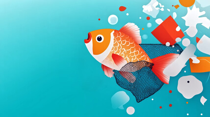 Vibrant Illustration of a Goldfish Swimming Amidst Floating Debris in a Blue Ocean Background