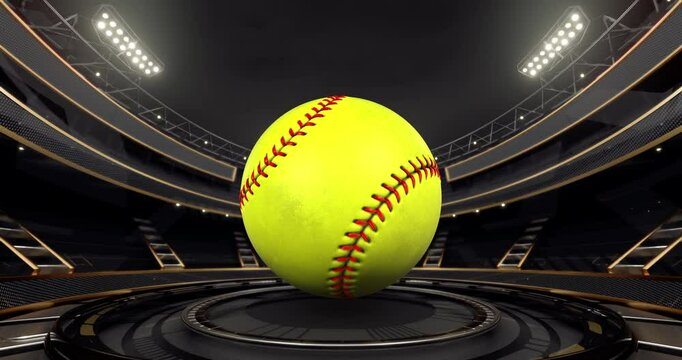 Golden shining sports arena for champions with rotating softball ball and glowing floodlights in endless loop. Professional 4k video for sport event advertisement.