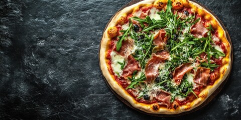Close-up of a Prosciutto and Arugula Pizza with Olives
