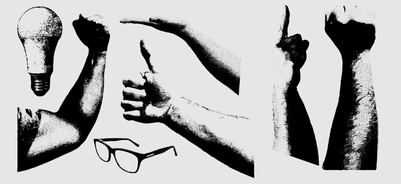 A textured black-and-white collage of arms, hands, a light bulb, and glasses, combining grainy elements and minimalist design for a retro feel. Vector illustration
