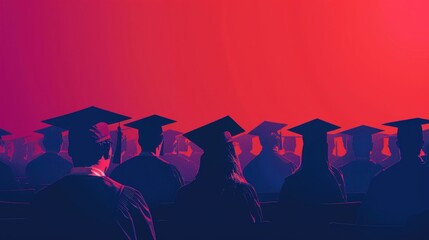 A vibrant scene of a graduation ceremony with graduates in caps and gowns, receiving diplomas on stage, featuring a clean background and ample copy space for ceremony details.