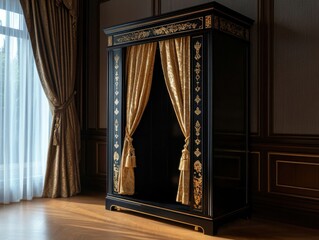 A Chinoiserie armoire featuring intricate golden patterns, framed by rich velvet drapery, exemplifying luxurious furniture and opulent design.