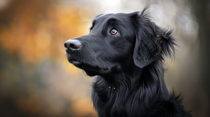  A tight shot of a black dog's face against a softly blurred backdrop of trees