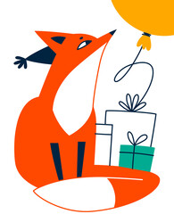 Fototapeta premium Birthday card with a fox. The fox sits with a gift and looks up at a balloon. Cartoon vector illustration for congratulations