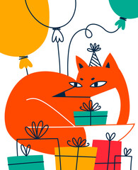 Fox sits curled up among gifts and balloons. Vector doodle illustration postcard for the holiday