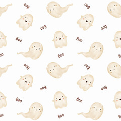 Watercolor seamless pattern with cute ghosts and Boo on a white background for Happy Halloween: wrapping paper, card, textiles. Surface pattern design