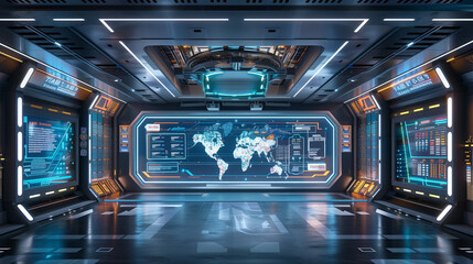 High-tech futuristic control room with world map, digital interfaces, and holographic displays in sci-fi environment