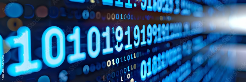 Poster abstract technology background with glowing blue binary code flowing across, 3d rendering