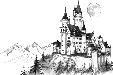 Obraz premium black-and-white illustration of large fantasy castle on mountain, coloring page