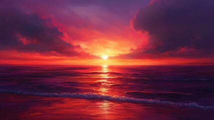 Fototapeta premium A dramatic sunset with the sun dipping into the sea, casting long shadows and painting the sky in deep reds and purples.