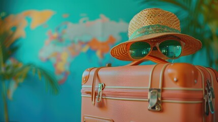 A close-up of a suitcase packed for a summer vacation with travel essentials like sunglasses, sunscreen, and a map, with a minimalist background and plenty of copy space for packing tips.